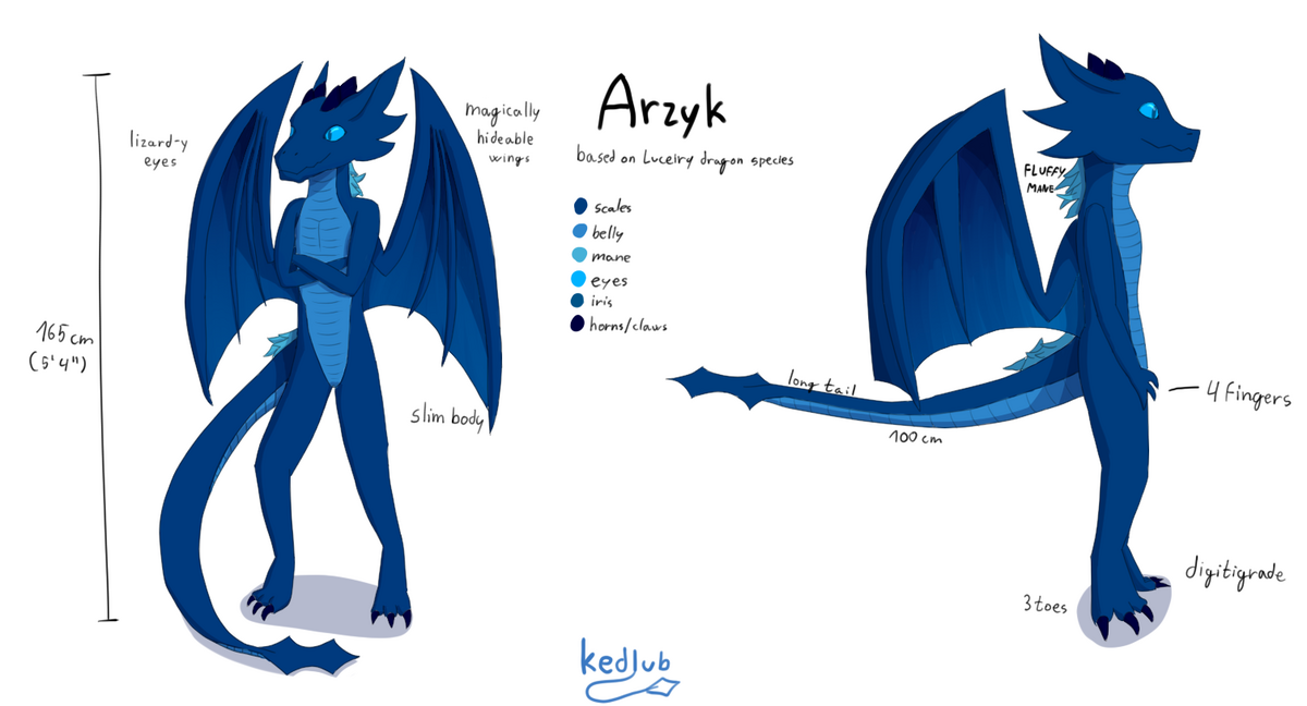 Reference sheet of Arzyk, blue anthropomorphic dragon
